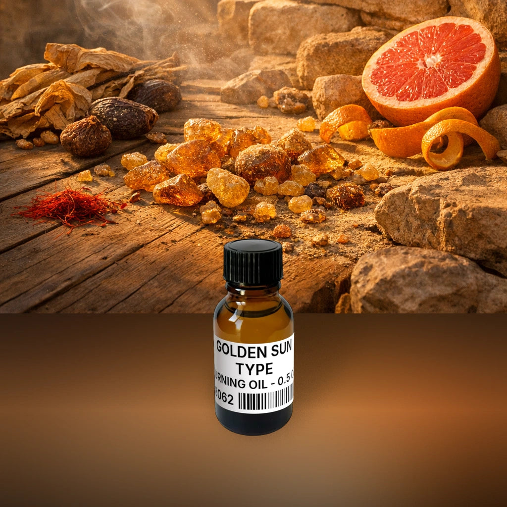 Golden Sun Type Burning Oil - 0.5 oz (14 g) fragrance bottle image with atmospheric background for Burning Oil. Premium lifestyle product photo for fragrance listing.