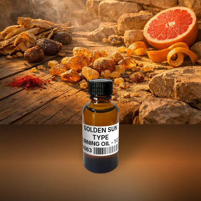 Golden Sun Type Burning Oil - 1 oz (28 g) fragrance bottle image with atmospheric background for Burning Oil. Premium lifestyle product photo for fragrance listing.