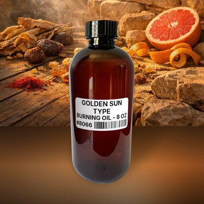 Golden Sun Type Burning Oil - 8 oz (227 g) fragrance bottle image with atmospheric background for Burning Oil. Premium lifestyle product photo for fragrance listing.