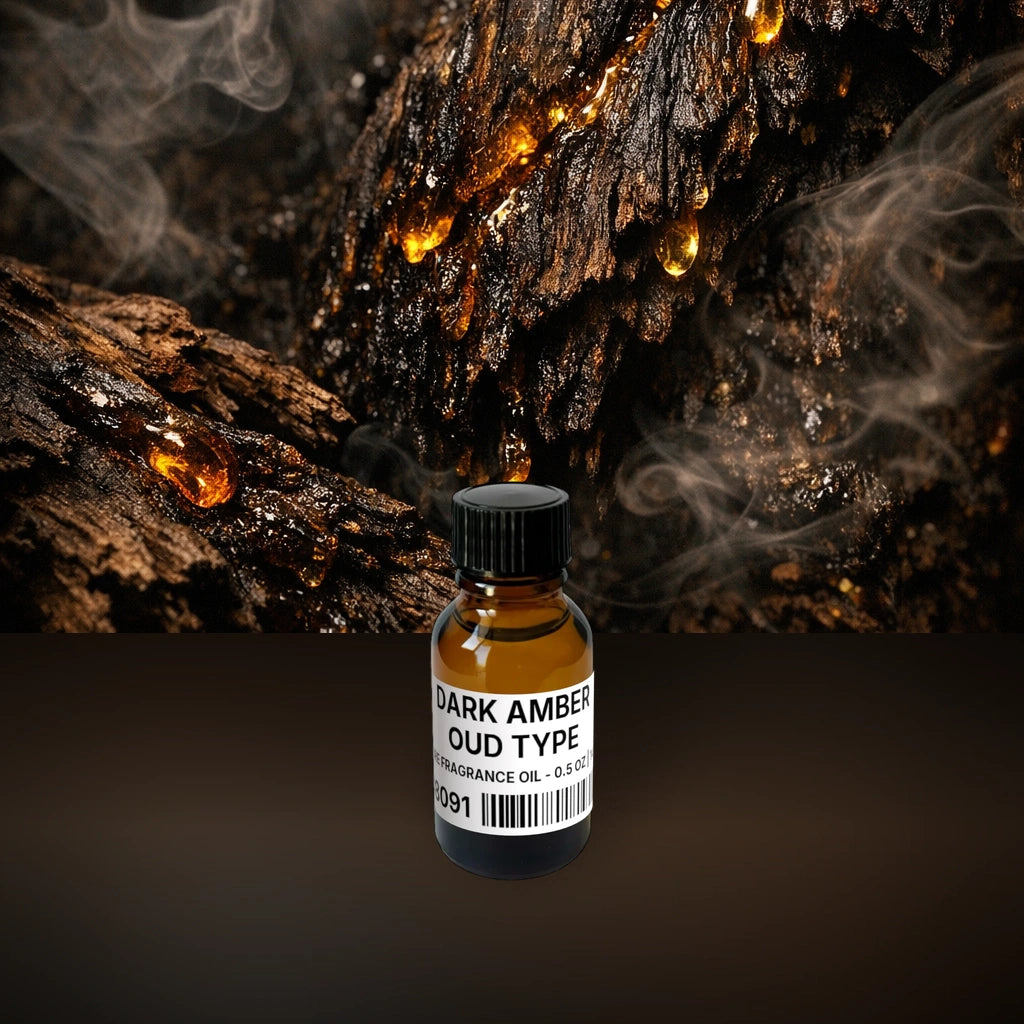 Dark Amber Oud Type Pure Fragrance Oil - 0.5 oz | 14 g fragrance bottle image with atmospheric background for Pure Fragrance Oil. Premium lifestyle product photo for fragrance listing.