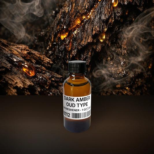 Dark Amber Oud Type Air Freshener - 1 oz | 28 g fragrance bottle image with atmospheric background for Air Freshener. Premium lifestyle product photo for fragrance listing.