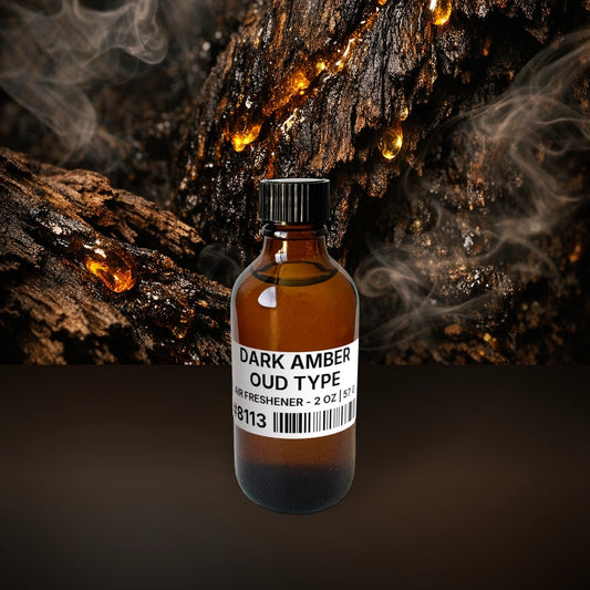 Dark Amber Oud Type Air Freshener - 2 oz | 57 g fragrance bottle image with atmospheric background for Air Freshener. Premium lifestyle product photo for fragrance listing.