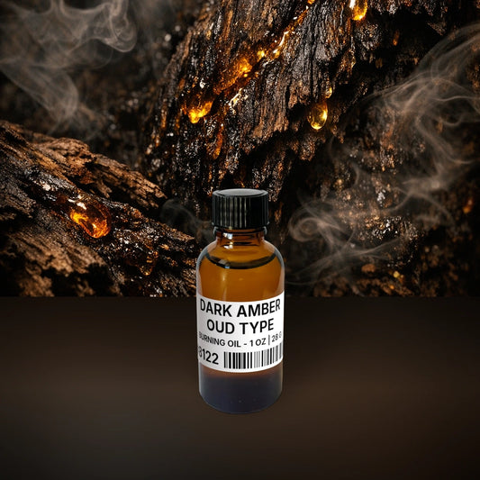 Dark Amber Oud Type Burning Oil - 1 oz | 28 g fragrance bottle image with atmospheric background for Burning Oil. Premium lifestyle product photo for fragrance listing.