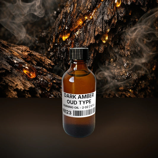 Dark Amber Oud Type Burning Oil - 2 oz | 57 g fragrance bottle image with atmospheric background for Burning Oil. Premium lifestyle product photo for fragrance listing.