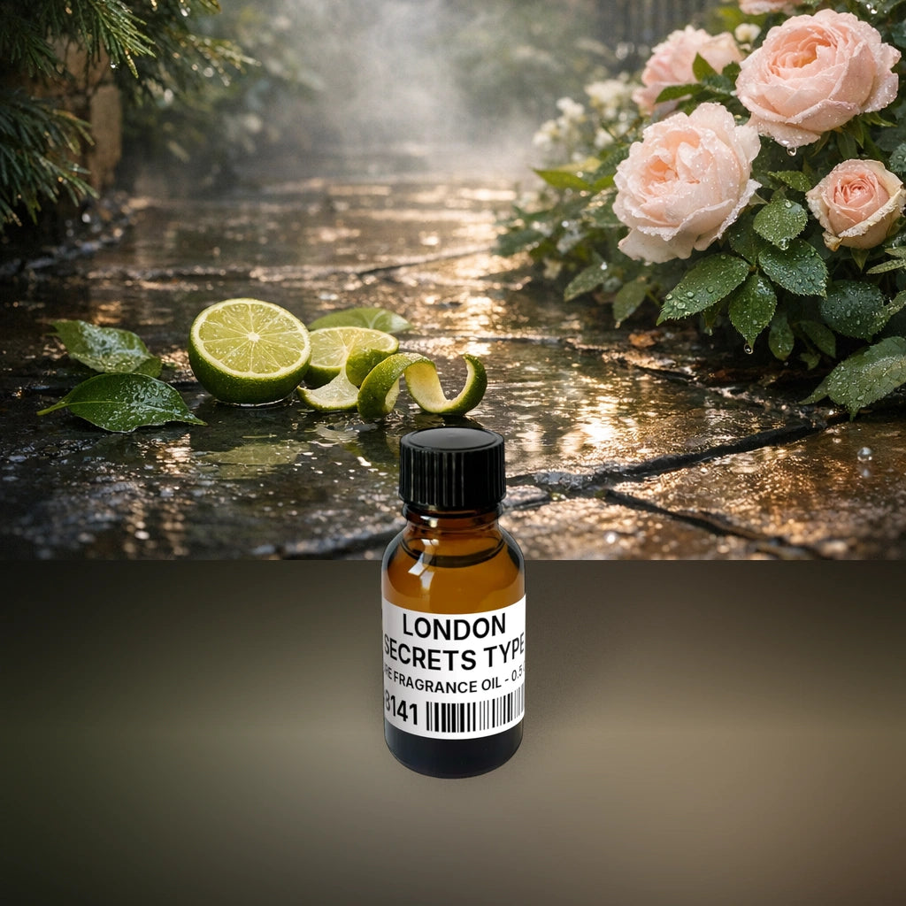 London Secrets Type Pure Fragrance Oil - 0.5 oz (14 g) fragrance bottle image with atmospheric background for Pure Fragrance Oil. Premium lifestyle product photo for fragrance listing.