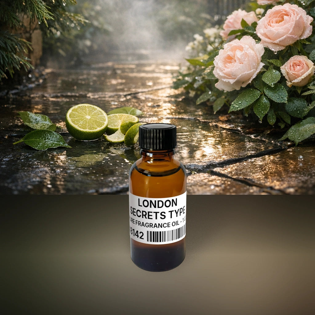 London Secrets Type Pure Fragrance Oil - 1 oz (28 g) fragrance bottle image with atmospheric background for Pure Fragrance Oil. Premium lifestyle product photo for fragrance listing.