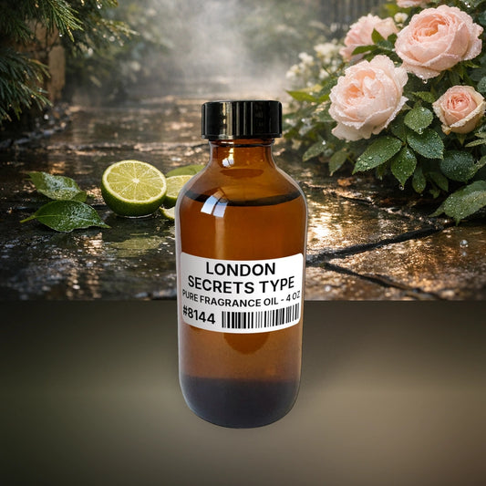 London Secrets Type Pure Fragrance Oil - 4 oz (113 g) fragrance bottle image with atmospheric background for Pure Fragrance Oil. Premium lifestyle product photo for fragrance listing.