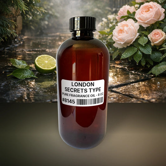 London Secrets Type Pure Fragrance Oil - 8 oz (227 g) fragrance bottle image with atmospheric background for Pure Fragrance Oil. Premium lifestyle product photo for fragrance listing.