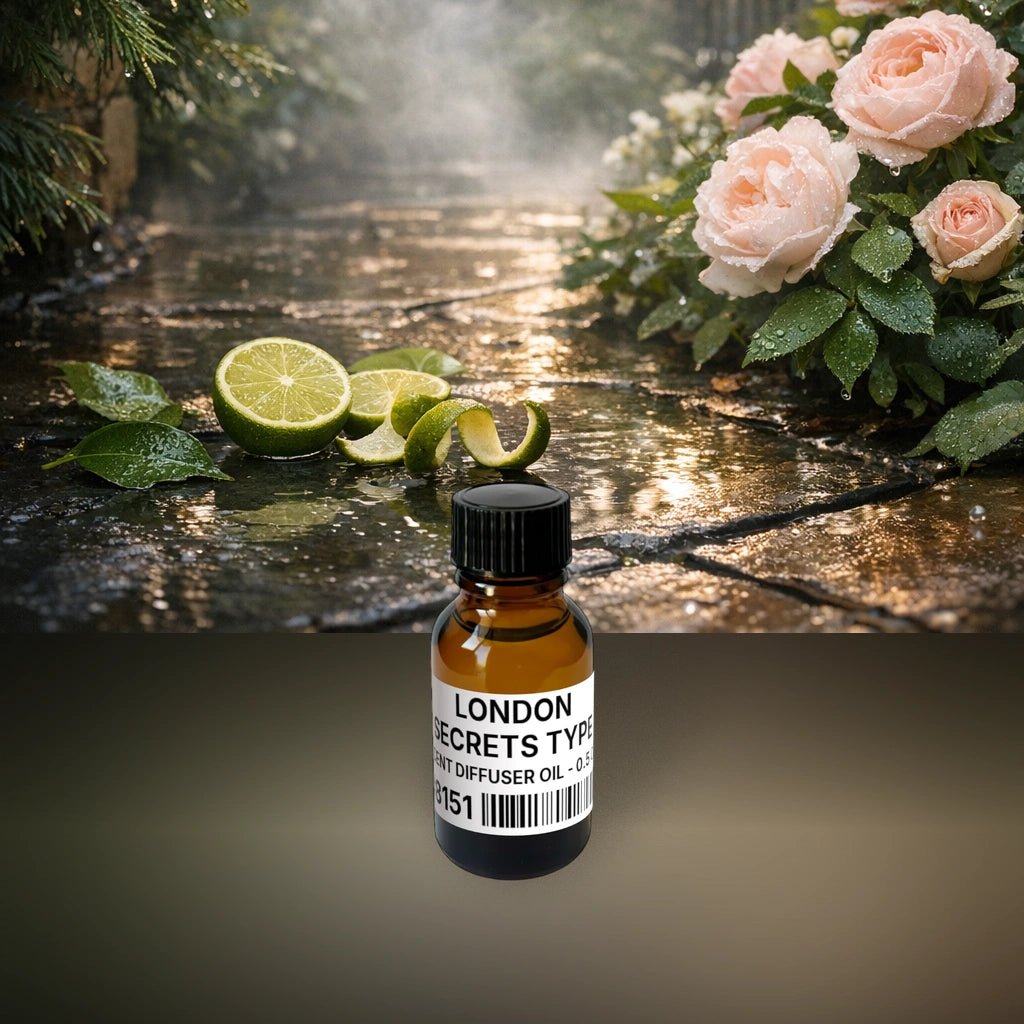 London Secrets Type Scent Diffuser Oil - 0.5 oz (14 g) fragrance bottle image with atmospheric background for Scent Diffuser Oil. Premium lifestyle product photo for fragrance listing.
