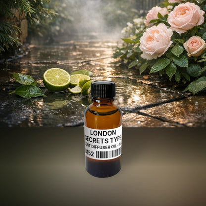 London Secrets Type Scent Diffuser Oil - 1 oz (28 g) fragrance bottle image with atmospheric background for Scent Diffuser Oil. Premium lifestyle product photo for fragrance listing.