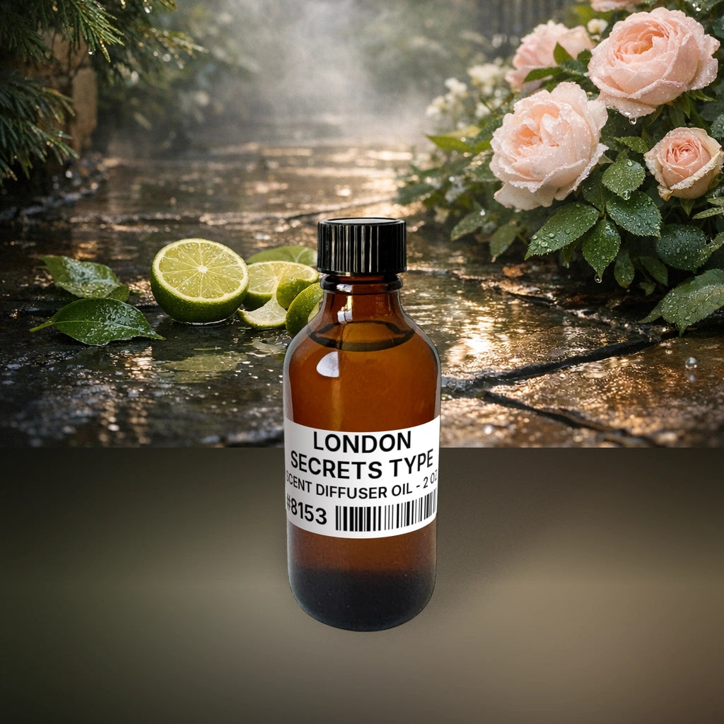 London Secrets Type Scent Diffuser Oil - 2 oz (57 g) fragrance bottle image with atmospheric background for Scent Diffuser Oil. Premium lifestyle product photo for fragrance listing.