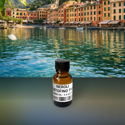 Neroli Portofino Type Burning Oil - 0.5 oz | 14 g fragrance bottle image with atmospheric background for Burning Oil. Premium lifestyle product photo for fragrance listing.
