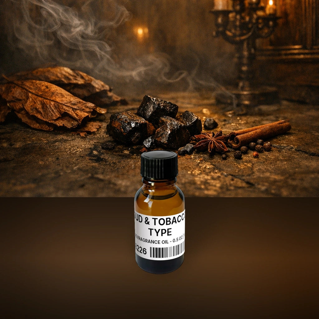 Oud & Tobacco Type Pure Fragrance Oil - 0.5 oz | 14 g fragrance bottle image with atmospheric background for Pure Fragrance Oil. Premium lifestyle product photo for fragrance listing.