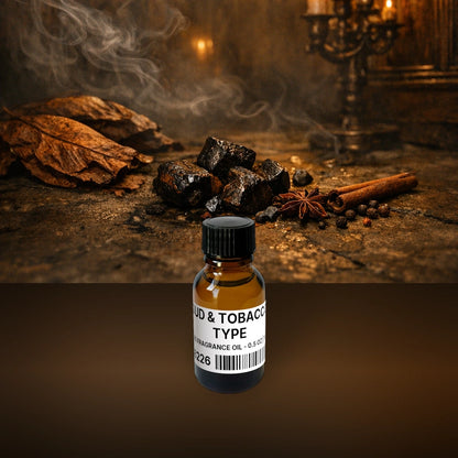 Oud & Tobacco Type Pure Fragrance Oil - 0.5 oz | 14 g fragrance bottle image with atmospheric background for Pure Fragrance Oil. Premium lifestyle product photo for fragrance listing.