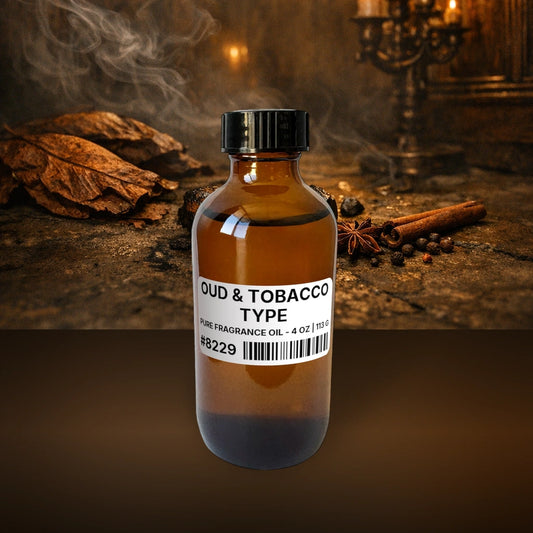 Oud & Tobacco Type Pure Fragrance Oil - 4 oz | 113 g fragrance bottle image with atmospheric background for Pure Fragrance Oil. Premium lifestyle product photo for fragrance listing.
