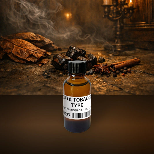 Oud & Tobacco Type Scent Diffuser Oil - 1 oz | 28 g fragrance bottle image with atmospheric background for Scent Diffuser Oil. Premium lifestyle product photo for fragrance listing.