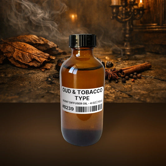 Oud & Tobacco Type Scent Diffuser Oil - 4 oz | 113 g fragrance bottle image with atmospheric background for Scent Diffuser Oil. Premium lifestyle product photo for fragrance listing.