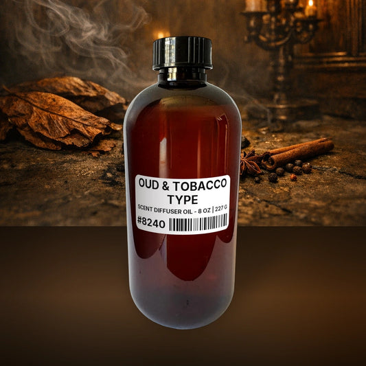 Oud & Tobacco Type Scent Diffuser Oil - 8 oz | 227 g fragrance bottle image with atmospheric background for Scent Diffuser Oil. Premium lifestyle product photo for fragrance listing.