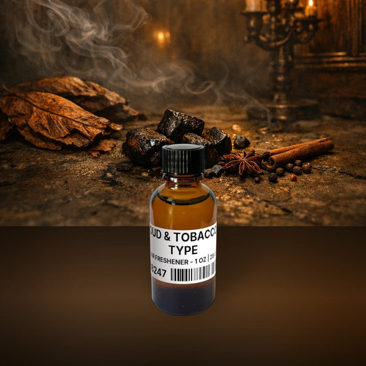 Oud & Tobacco Type Air Freshener - 1 oz | 28 g fragrance bottle image with atmospheric background for Air Freshener. Premium lifestyle product photo for fragrance listing.