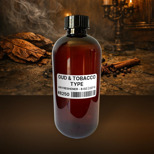 Oud & Tobacco Type Air Freshener - 8 oz | 227 g fragrance bottle image with atmospheric background for Air Freshener. Premium lifestyle product photo for fragrance listing.