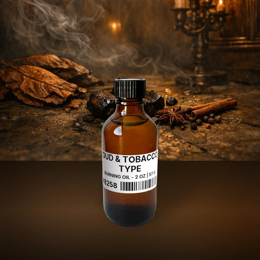 Oud & Tobacco Type Burning Oil - 2 oz | 57 g fragrance bottle image with atmospheric background for Burning Oil. Premium lifestyle product photo for fragrance listing.