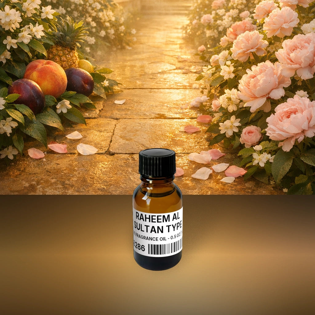 Raheem Al Sultan Type Pure Fragrance Oil - 0.5 oz | 14 g fragrance bottle image with atmospheric background for Pure Fragrance Oil. Premium lifestyle product photo for fragrance listing.