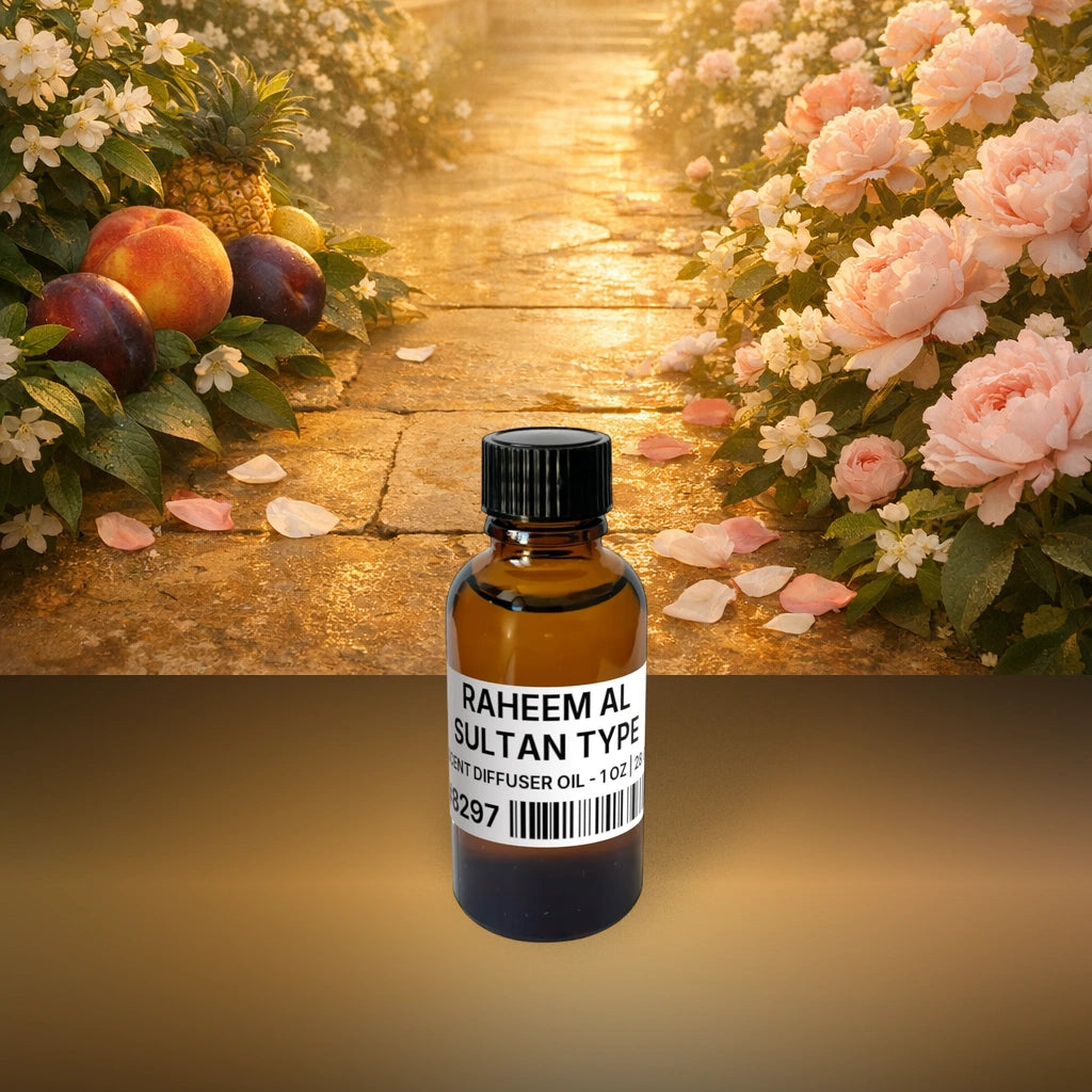 Raheem Al Sultan Type Scent Diffuser Oil - 1 oz | 28 g fragrance bottle image with atmospheric background for Scent Diffuser Oil. Premium lifestyle product photo for fragrance listing.