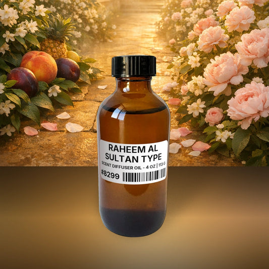 Raheem Al Sultan Type Scent Diffuser Oil - 4 oz | 113 g fragrance bottle image with atmospheric background for Scent Diffuser Oil. Premium lifestyle product photo for fragrance listing.