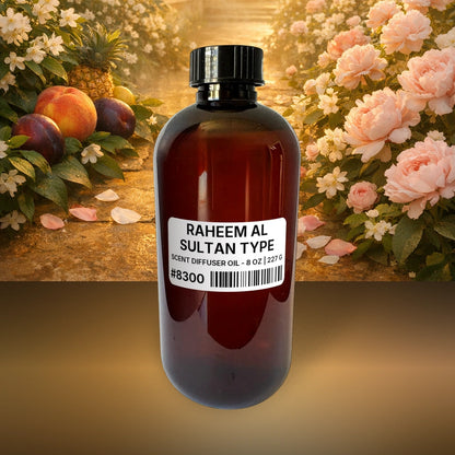 Raheem Al Sultan Type Scent Diffuser Oil - 8 oz | 227 g fragrance bottle image with atmospheric background for Scent Diffuser Oil. Premium lifestyle product photo for fragrance listing.