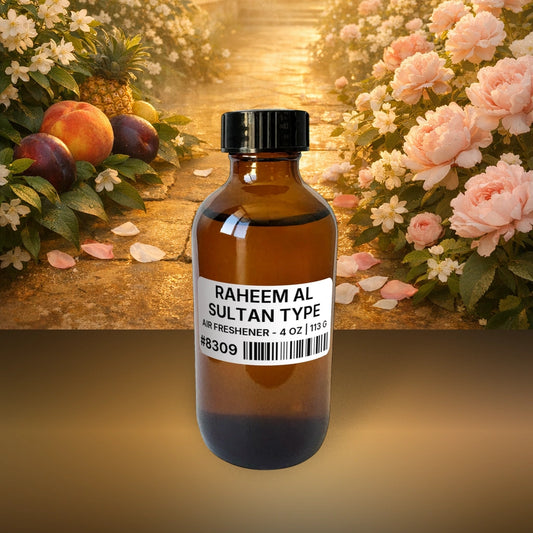 Raheem Al Sultan Type Air Freshener - 4 oz | 113 g fragrance bottle image with atmospheric background for Air Freshener. Premium lifestyle product photo for fragrance listing.