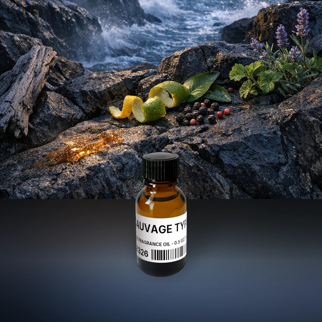 Sauvage Type Pure Fragrance Oil - 0.5 oz | 14 g fragrance bottle image with atmospheric background for Pure Fragrance Oil. Premium lifestyle product photo for fragrance listing.