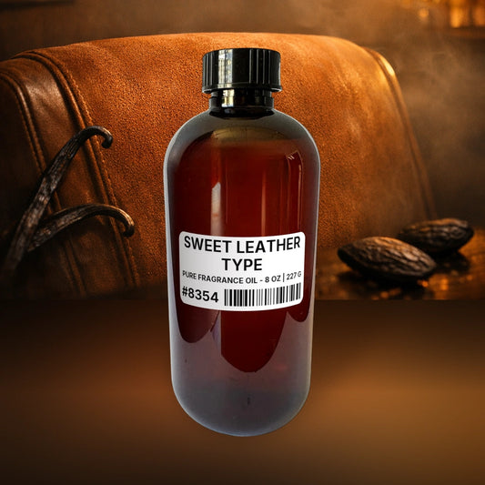 Sweet Leather Type Pure Fragrance Oil - 8 oz | 227 g fragrance bottle image with atmospheric background for Pure Fragrance Oil. Premium lifestyle product photo for fragrance listing.
