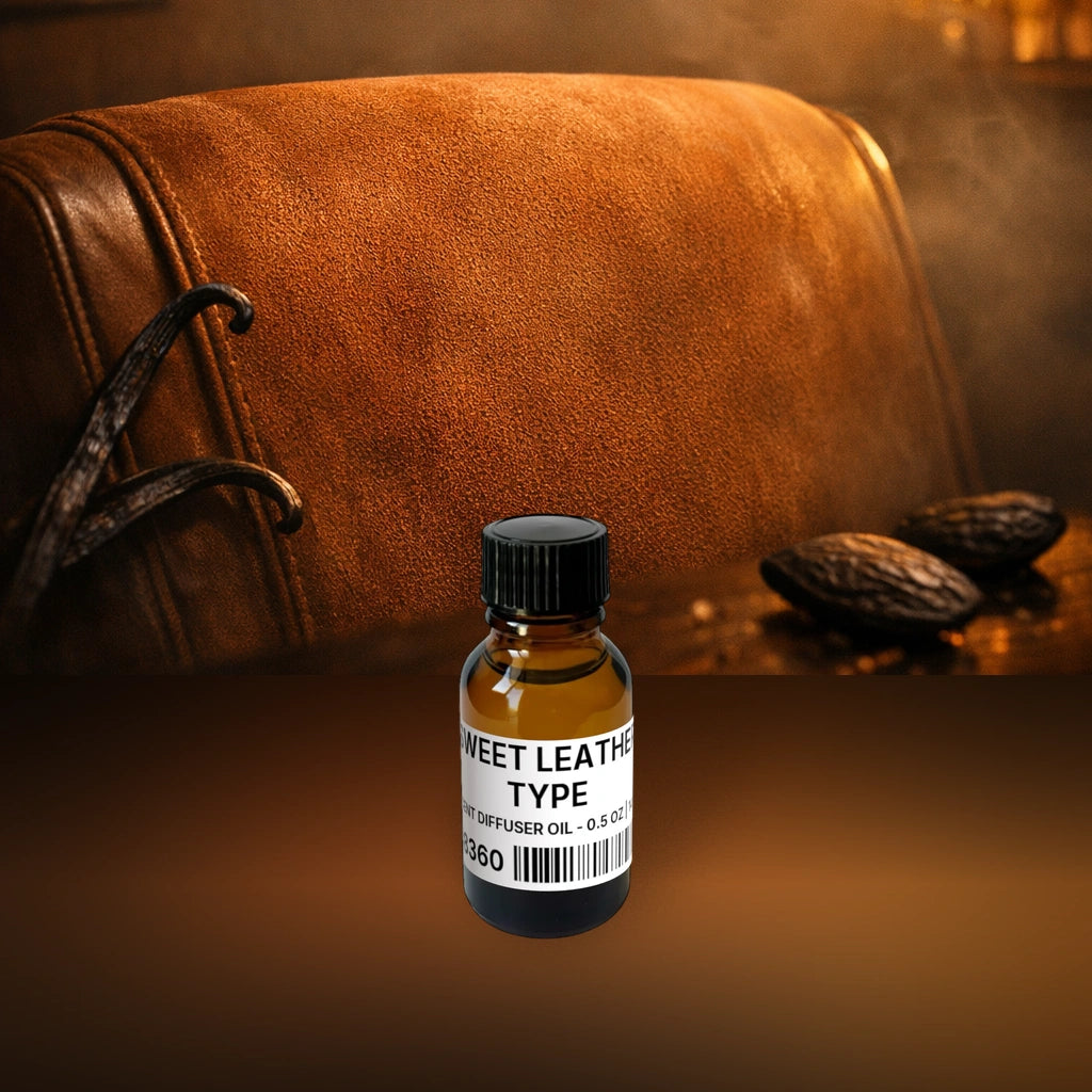 Sweet Leather Type Scent Diffuser Oil - 0.5 oz | 14 g fragrance bottle image with atmospheric background for Scent Diffuser Oil. Premium lifestyle product photo for fragrance listing.
