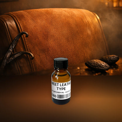 Sweet Leather Type Scent Diffuser Oil - 0.5 oz | 14 g fragrance bottle image with atmospheric background for Scent Diffuser Oil. Premium lifestyle product photo for fragrance listing.