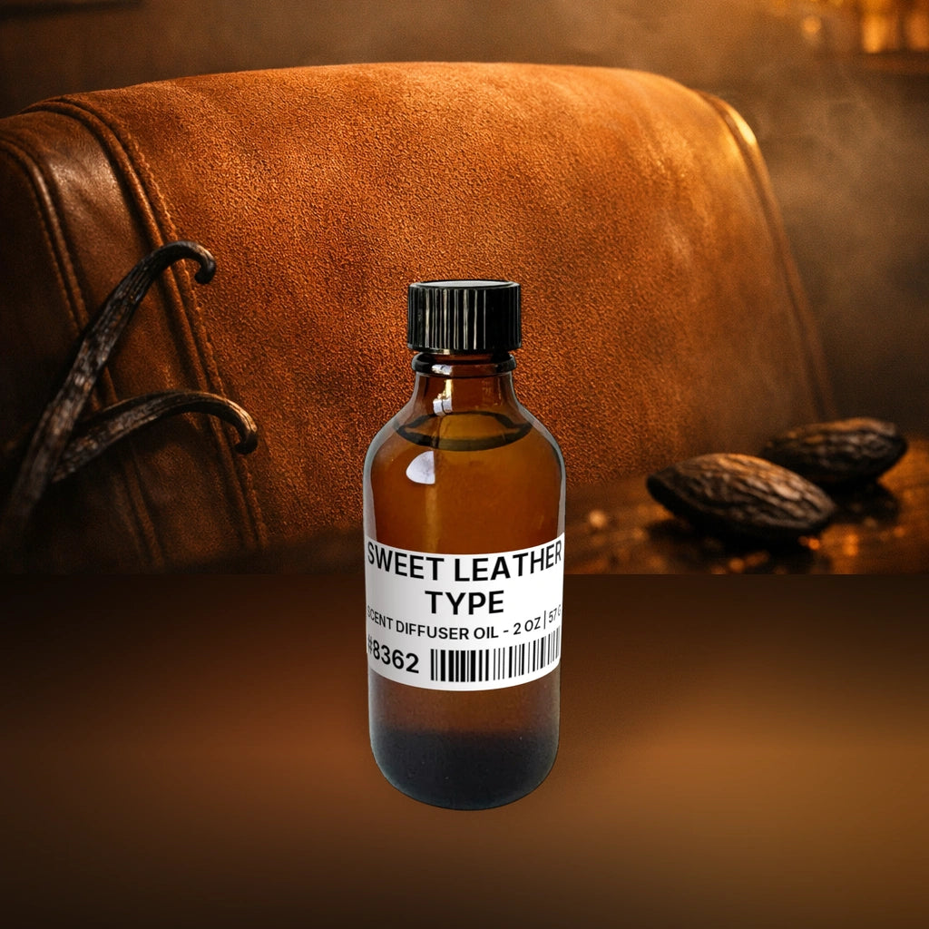 Sweet Leather Type Scent Diffuser Oil - 2 oz | 57 g fragrance bottle image with atmospheric background for Scent Diffuser Oil. Premium lifestyle product photo for fragrance listing.