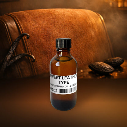 Sweet Leather Type Scent Diffuser Oil - 2 oz | 57 g fragrance bottle image with atmospheric background for Scent Diffuser Oil. Premium lifestyle product photo for fragrance listing.