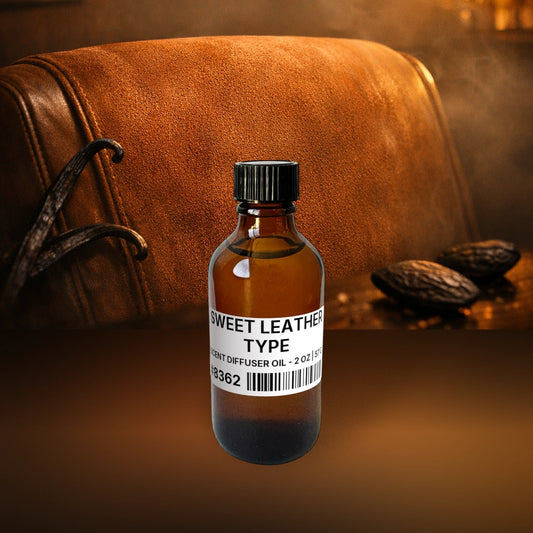 Sweet Leather Type Scent Diffuser Oil - 2 oz | 57 g fragrance bottle image with atmospheric background for Scent Diffuser Oil. Premium lifestyle product photo for fragrance listing.