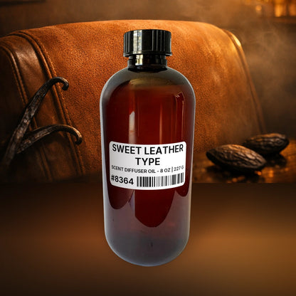 Sweet Leather Type Scent Diffuser Oil - 8 oz | 227 g fragrance bottle image with atmospheric background for Scent Diffuser Oil. Premium lifestyle product photo for fragrance listing.