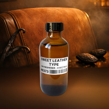 Sweet Leather Type Air Freshener - 4 oz | 113 g fragrance bottle image with atmospheric background for Air Freshener. Premium lifestyle product photo for fragrance listing.