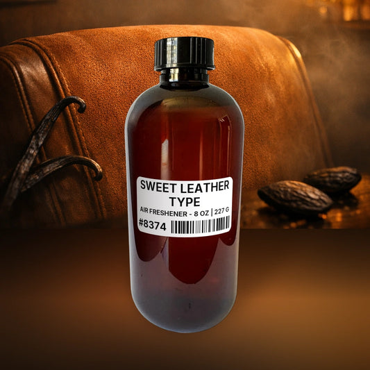 Sweet Leather Type Air Freshener - 8 oz | 227 g fragrance bottle image with atmospheric background for Air Freshener. Premium lifestyle product photo for fragrance listing.