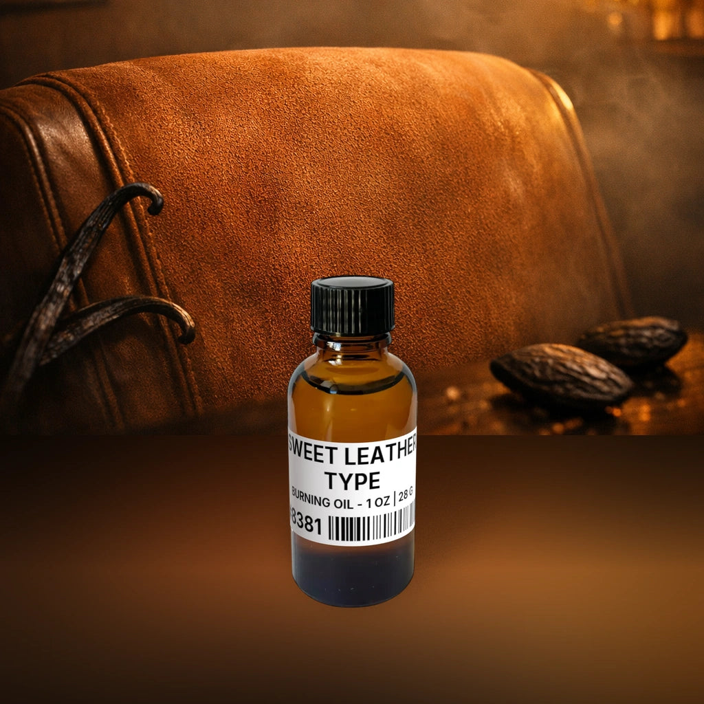 Sweet Leather Type Burning Oil - 1 oz | 28 g fragrance bottle image with atmospheric background for Burning Oil. Premium lifestyle product photo for fragrance listing.