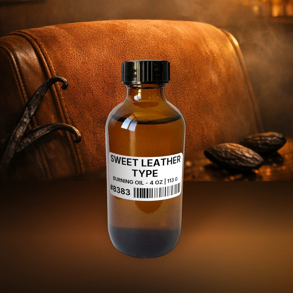 Sweet Leather Type Burning Oil - 4 oz | 113 g fragrance bottle image with atmospheric background for Burning Oil. Premium lifestyle product photo for fragrance listing.