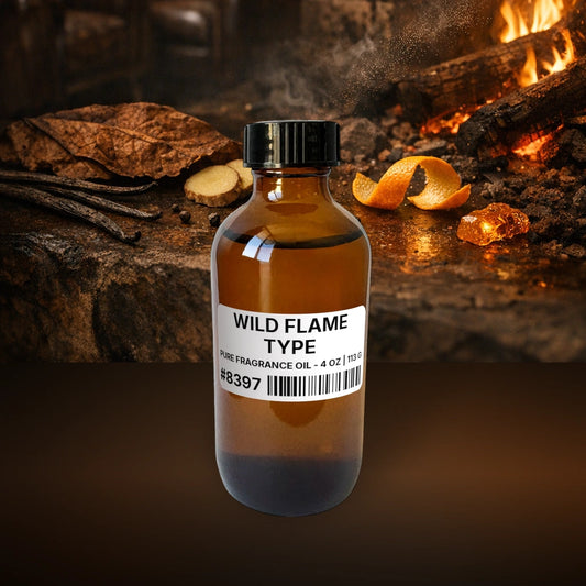 Wild Flame Type Pure Fragrance Oil - 4 oz | 113 g fragrance bottle image with atmospheric background for Pure Fragrance Oil. Premium lifestyle product photo for fragrance listing.