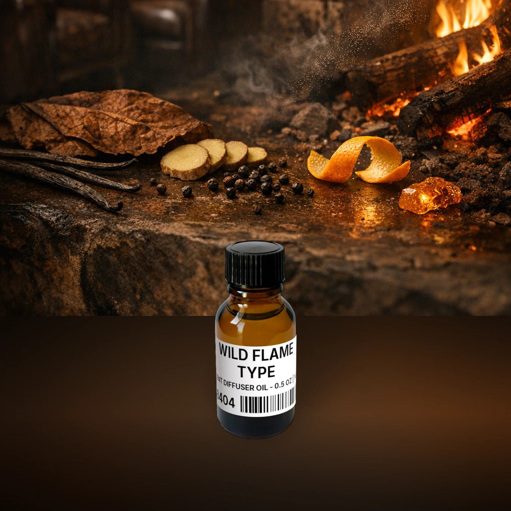 Wild Flame Type Scent Diffuser Oil - 0.5 oz | 14 g fragrance bottle image with atmospheric background for Scent Diffuser Oil. Premium lifestyle product photo for fragrance listing.