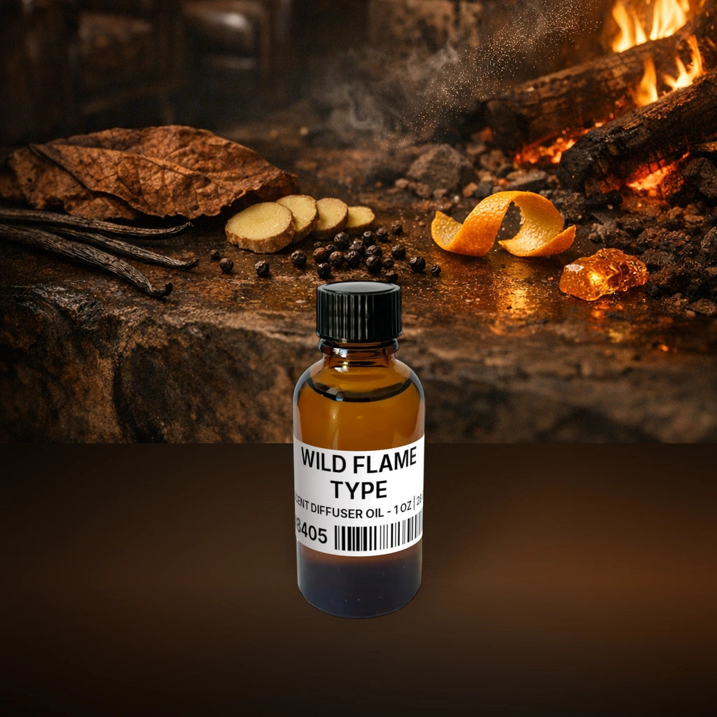 Wild Flame Type Scent Diffuser Oil - 1 oz | 28 g fragrance bottle image with atmospheric background for Scent Diffuser Oil. Premium lifestyle product photo for fragrance listing.