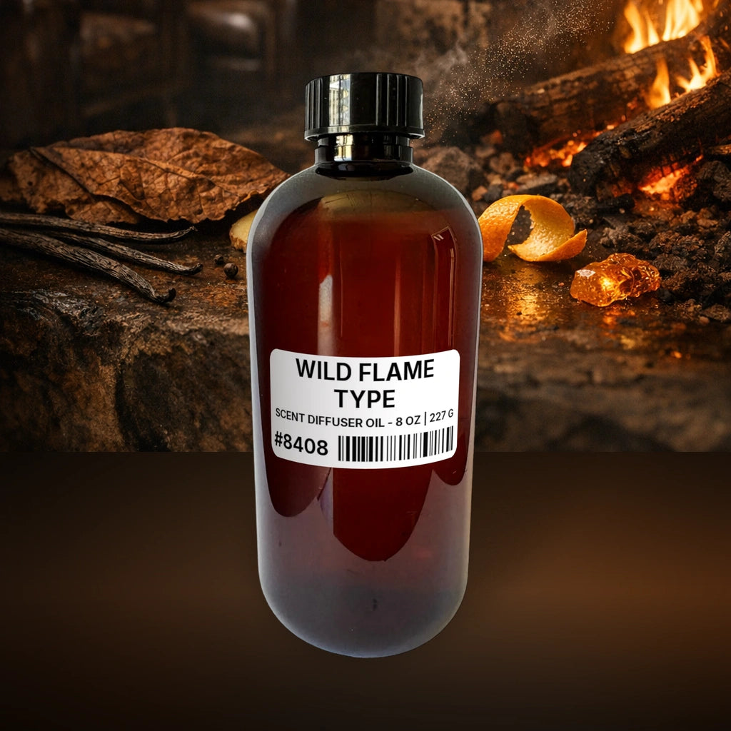 Wild Flame Type Scent Diffuser Oil - 8 oz | 227 g fragrance bottle image with atmospheric background for Scent Diffuser Oil. Premium lifestyle product photo for fragrance listing.