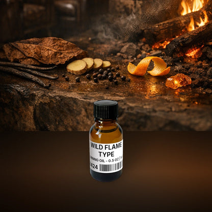 Wild Flame Type Burning Oil - 0.5 oz | 14 g fragrance bottle image with atmospheric background for Burning Oil. Premium lifestyle product photo for fragrance listing.