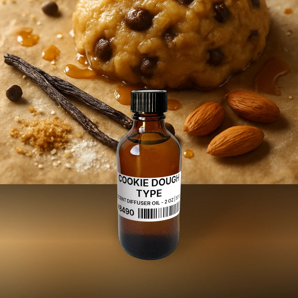 Cookie Dough Type Scent Diffuser Oil - 2 oz | 57 g fragrance bottle image with atmospheric background for Scent Diffuser Oil. Premium lifestyle product photo for fragrance listing.