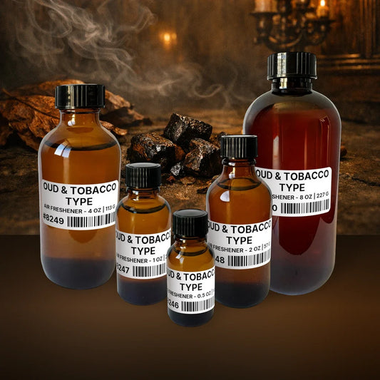 Oud & Tobacco Type Air Freshener - 4 lb | 1.81 kg fragrance bottle image with atmospheric background for Air Freshener. Premium lifestyle product photo for fragrance listing.