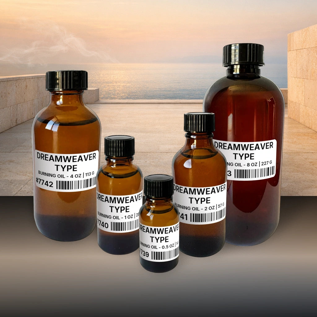 Dreamweaver Type Burning Oil - 1 lb | 454 g fragrance bottle image with atmospheric background for Burning Oil. Premium lifestyle product photo for fragrance listing.